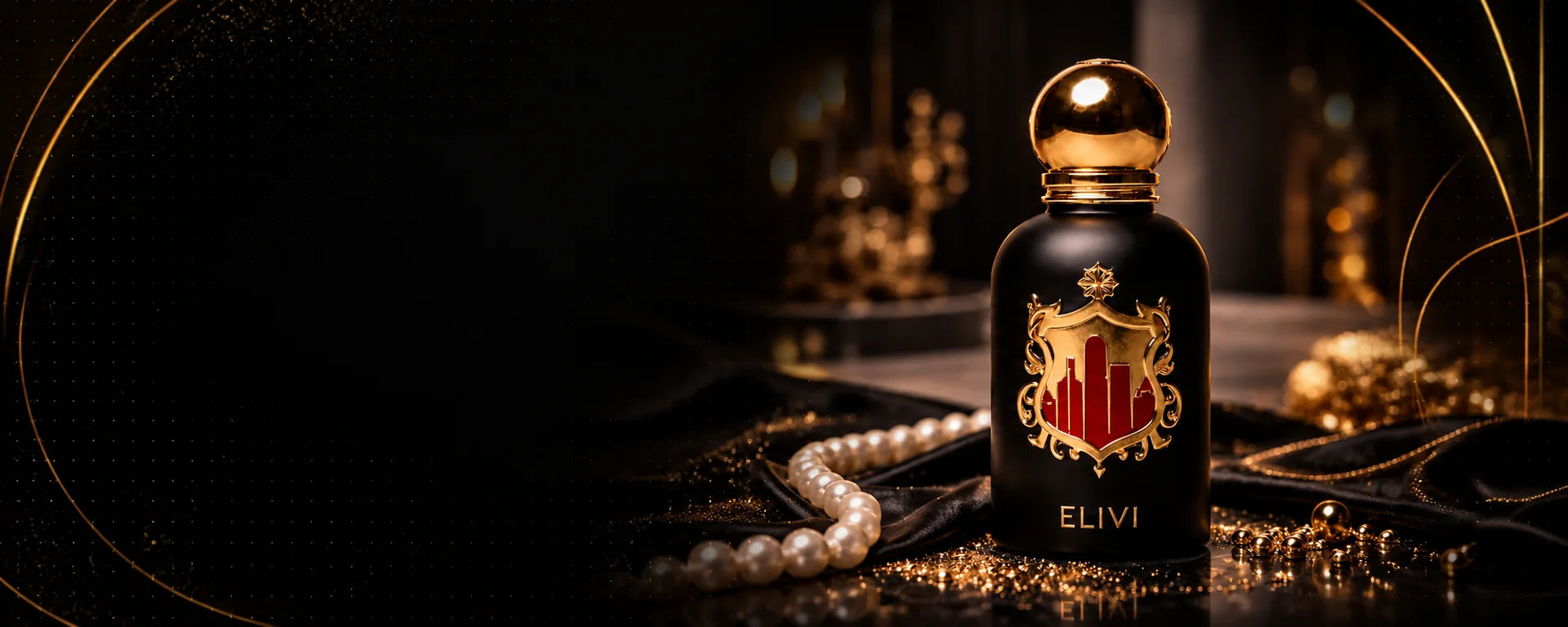 Perfume Elivi con perlas y joyas entre delicadas líneas doradas